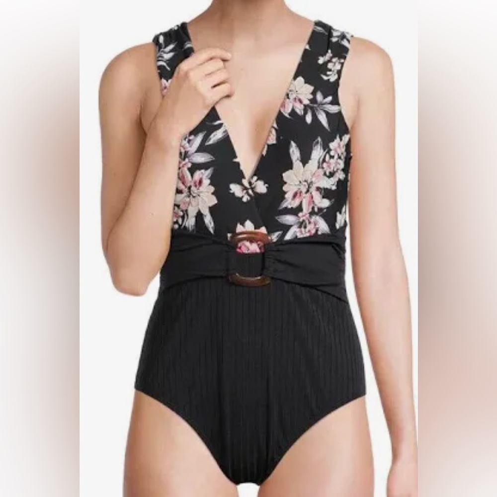Time and Tru Black Floral One Piece Swimsuit